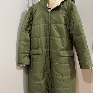 Olive Green Long Puffer Coat with Hood